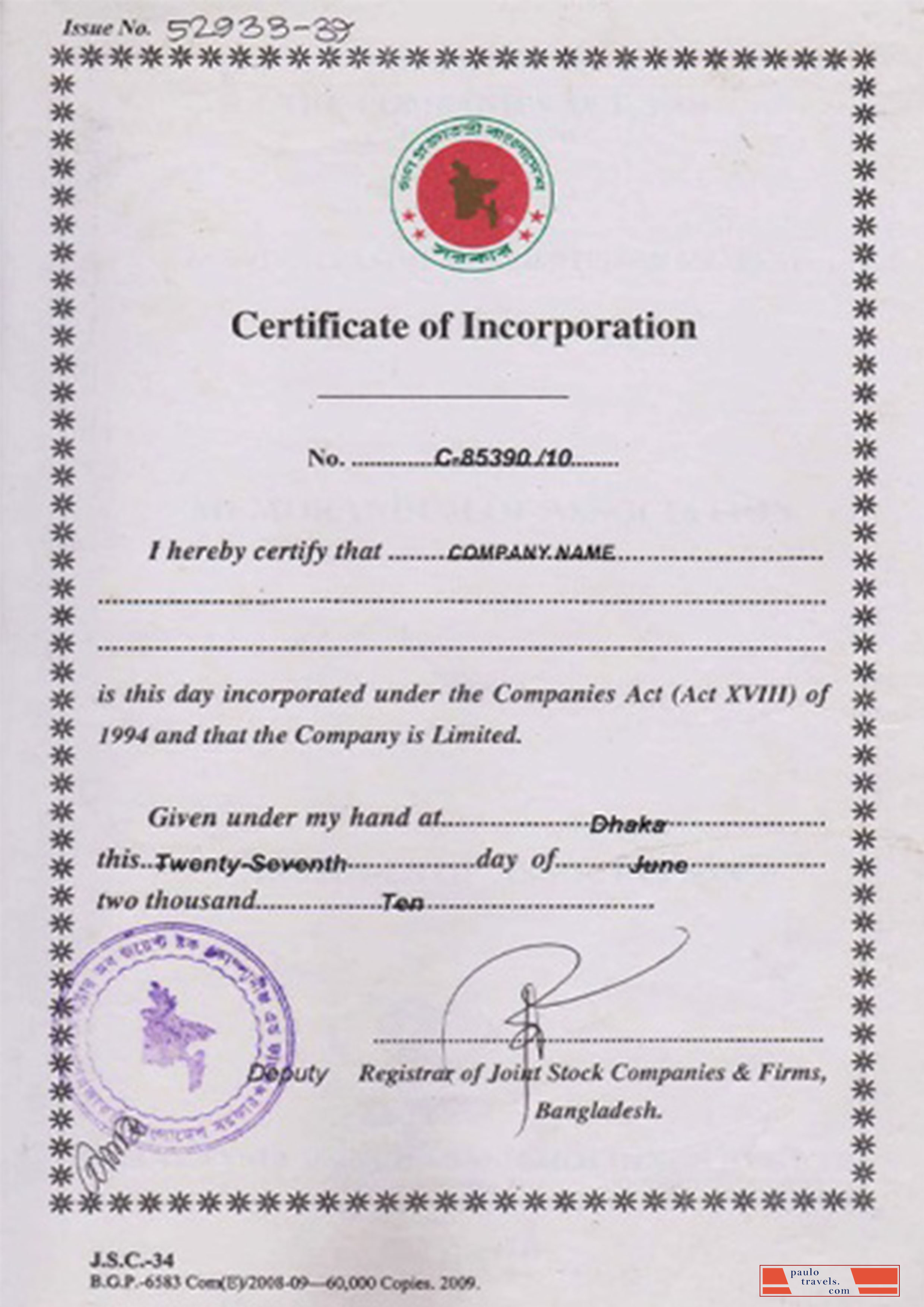 Bangladesh Certificate of Incorporation